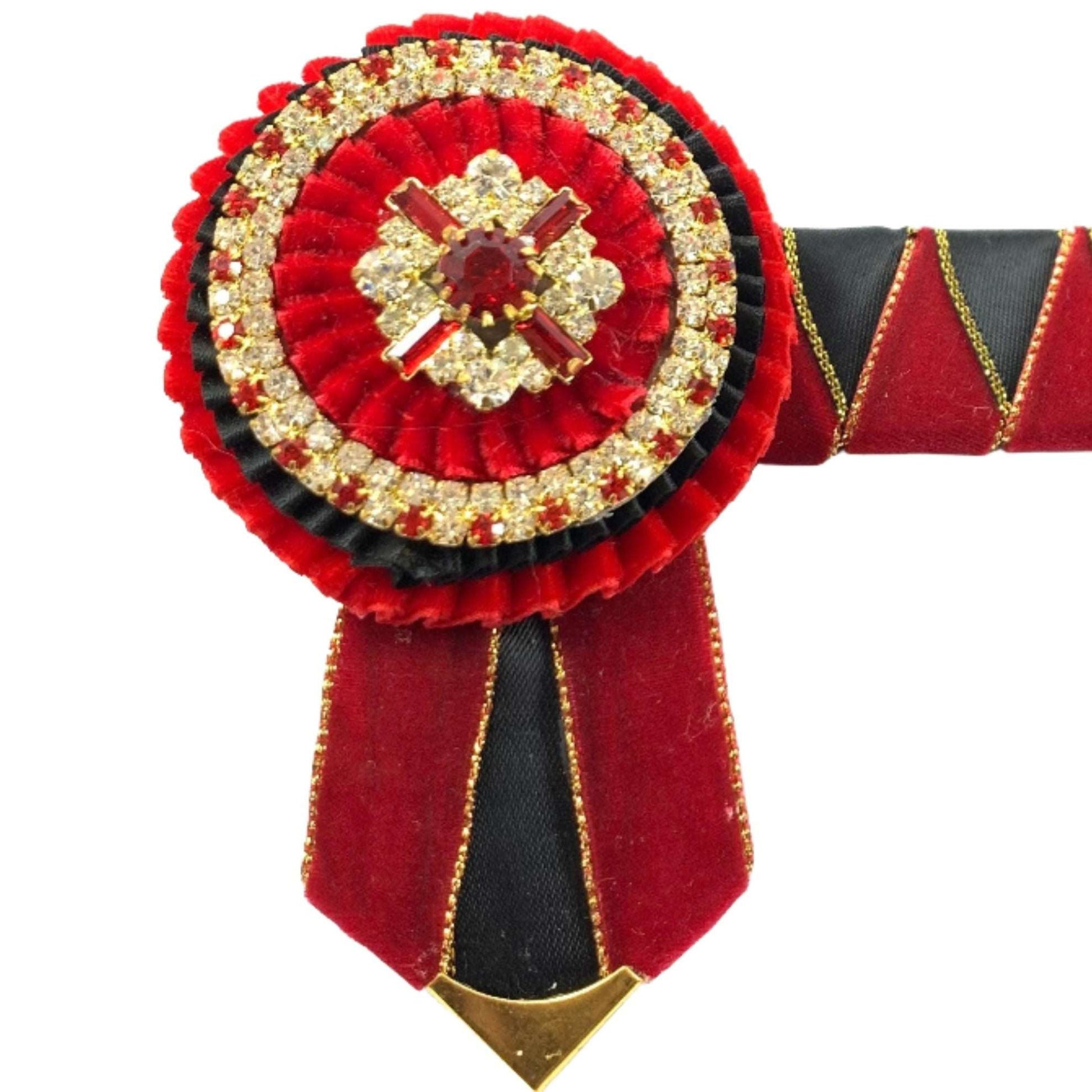 Scarlet red rosette accents for horse tack, highlighting their versatility and decorative appeal across various equestrian disciplines.