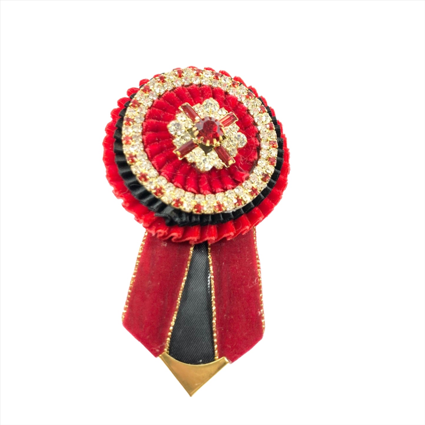 Detailed image of cherry red rosette embellishments, crafted from premium materials for effortless attachment to equestrian accessories.