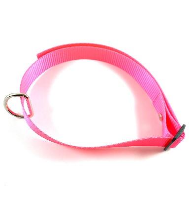 Calming pink webbing dog collar, designed for active lifestyles and outdoor adventures, offering durability and ease of use with its adjustable strap and reliable construction