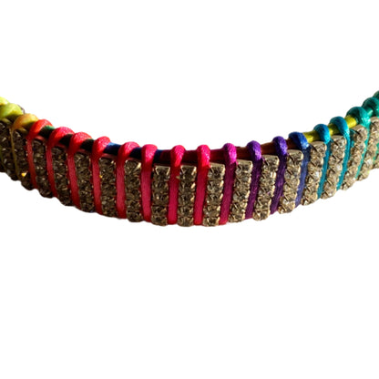 Colorful rainbow crystal browband for horse bridles, featuring a variety of vibrant crystals in a decorative pattern