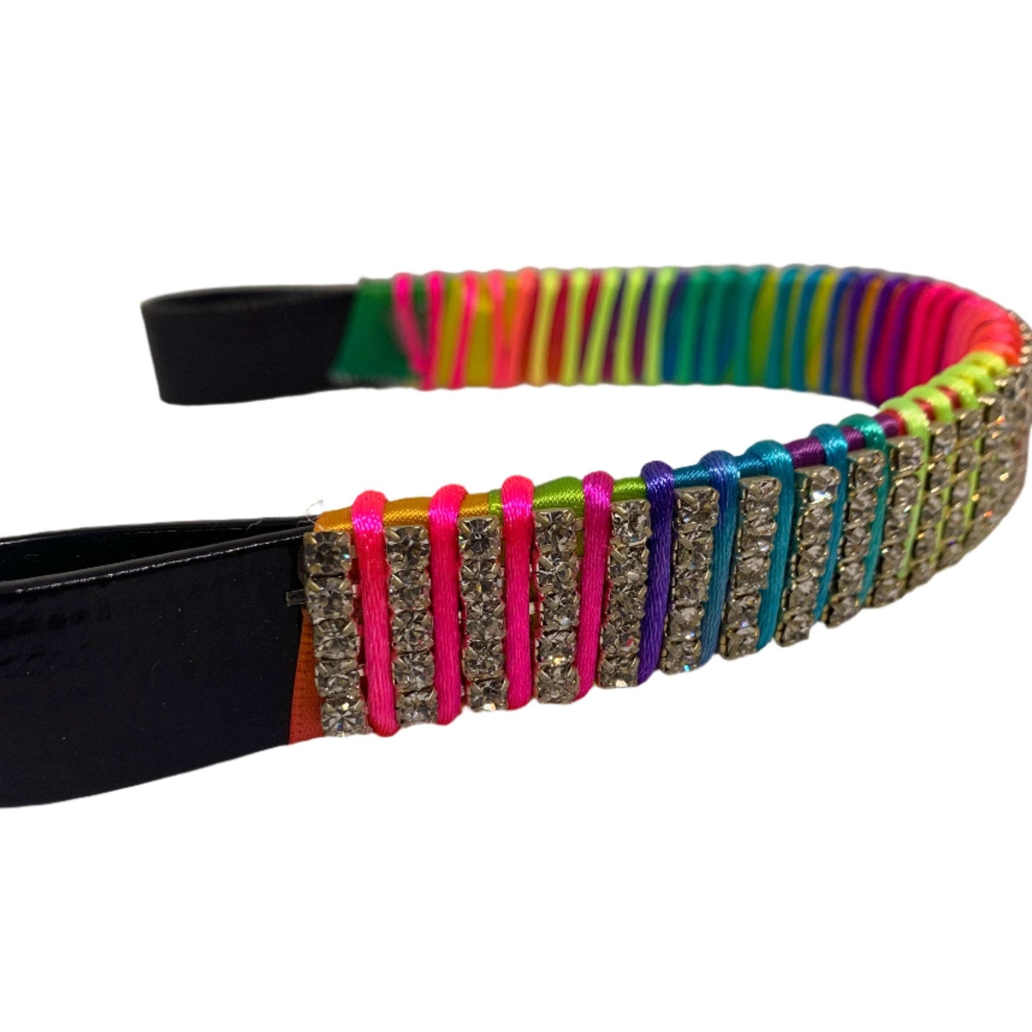 Detailed view of the rainbow crystal browband, showcasing its materials and craftsmanship