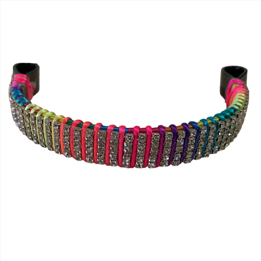 Vibrant rainbow browband featuring sparkling crystals for equestrian elegance