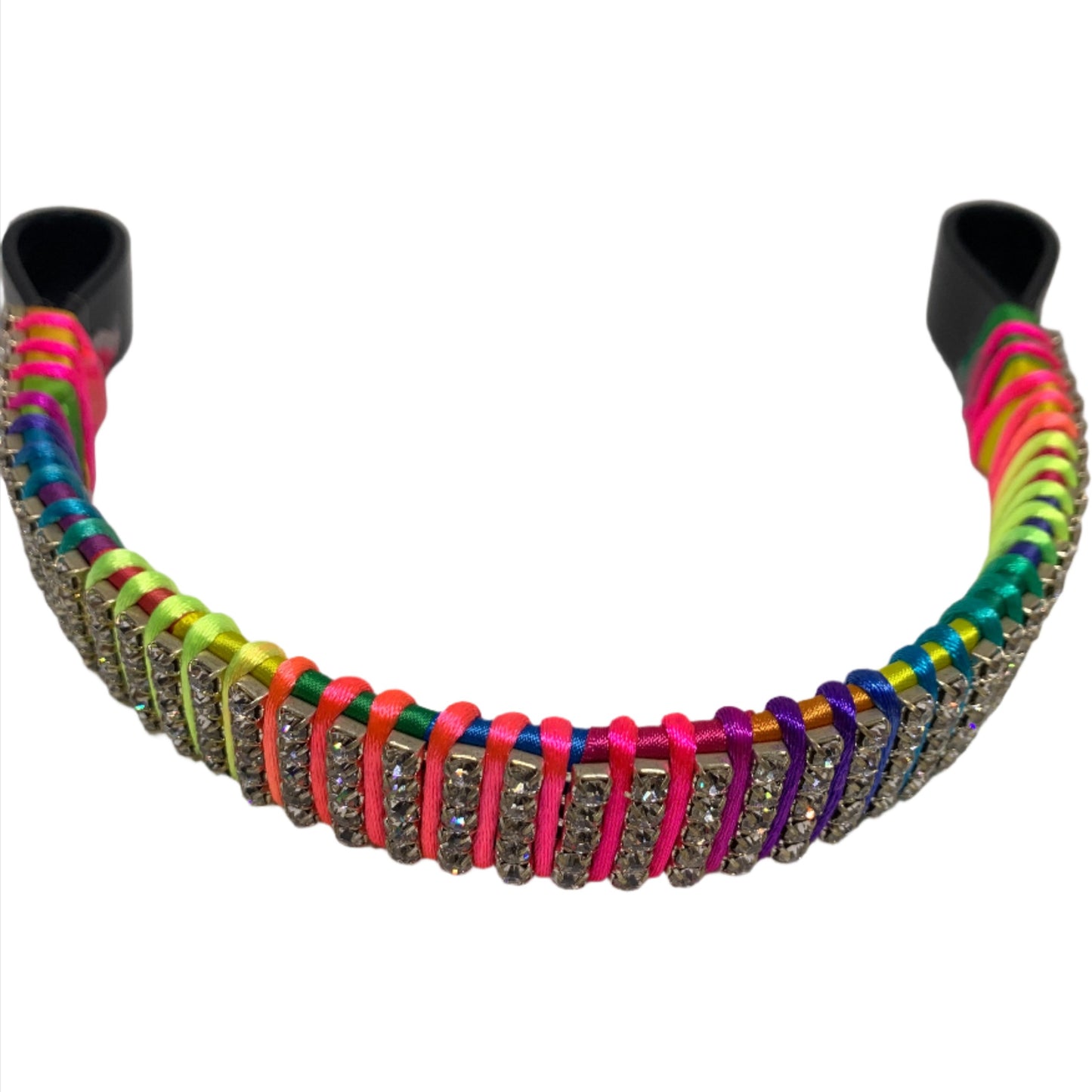 Detailed view of the rainbow crystal browband, highlighting the intricate arrangement of crystals