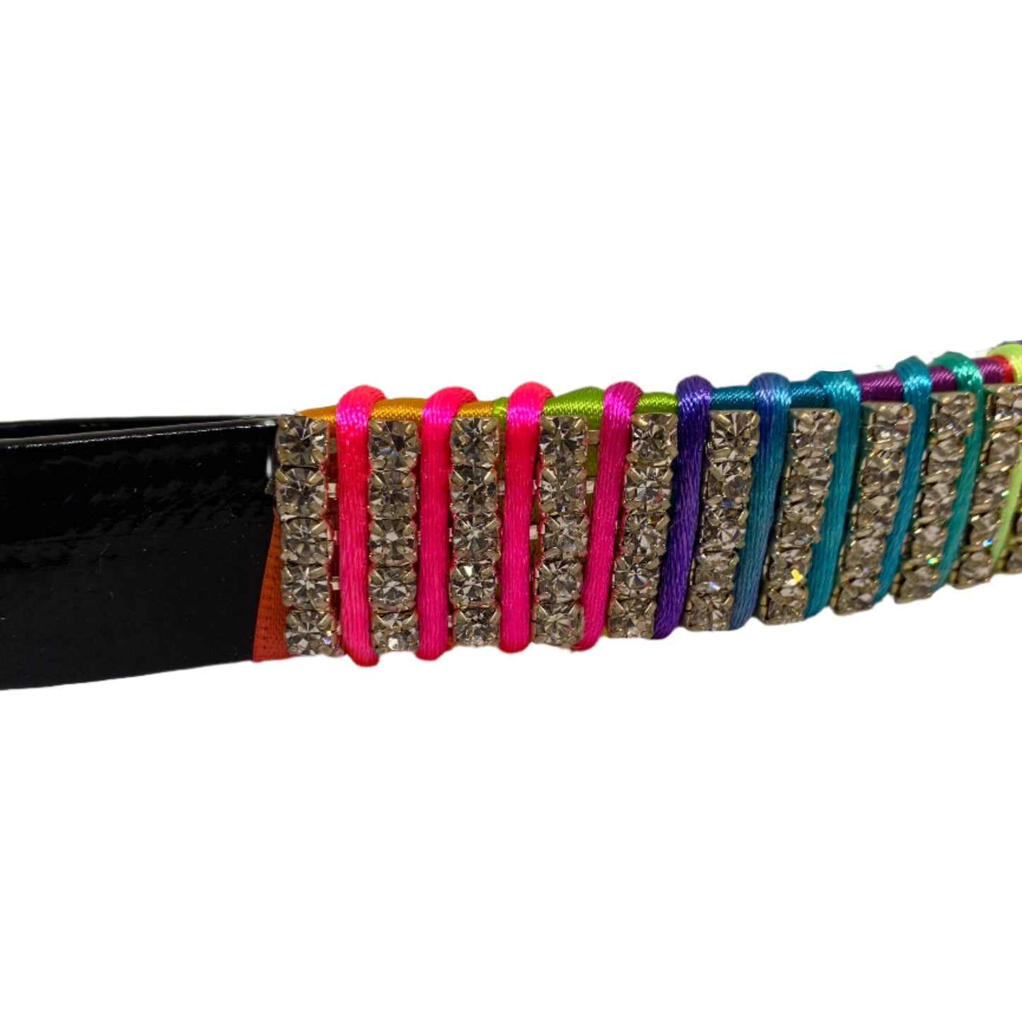 Close-up view of the rainbow crystal browband, focusing on its intricate stitching or detailed craftsmanship