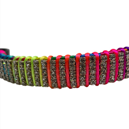 Close-up view of the rainbow crystal browband, highlighting the detailed arrangement and sparkle of individual crystals