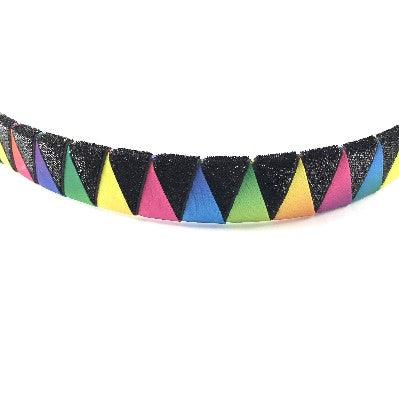 Colorful rainbow ribbon browband for horses, showcasing vibrant hues