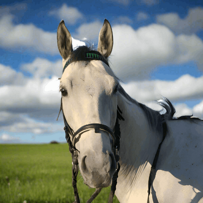 Stylish equestrian accessory: green ribbon browband with shark tooth pattern