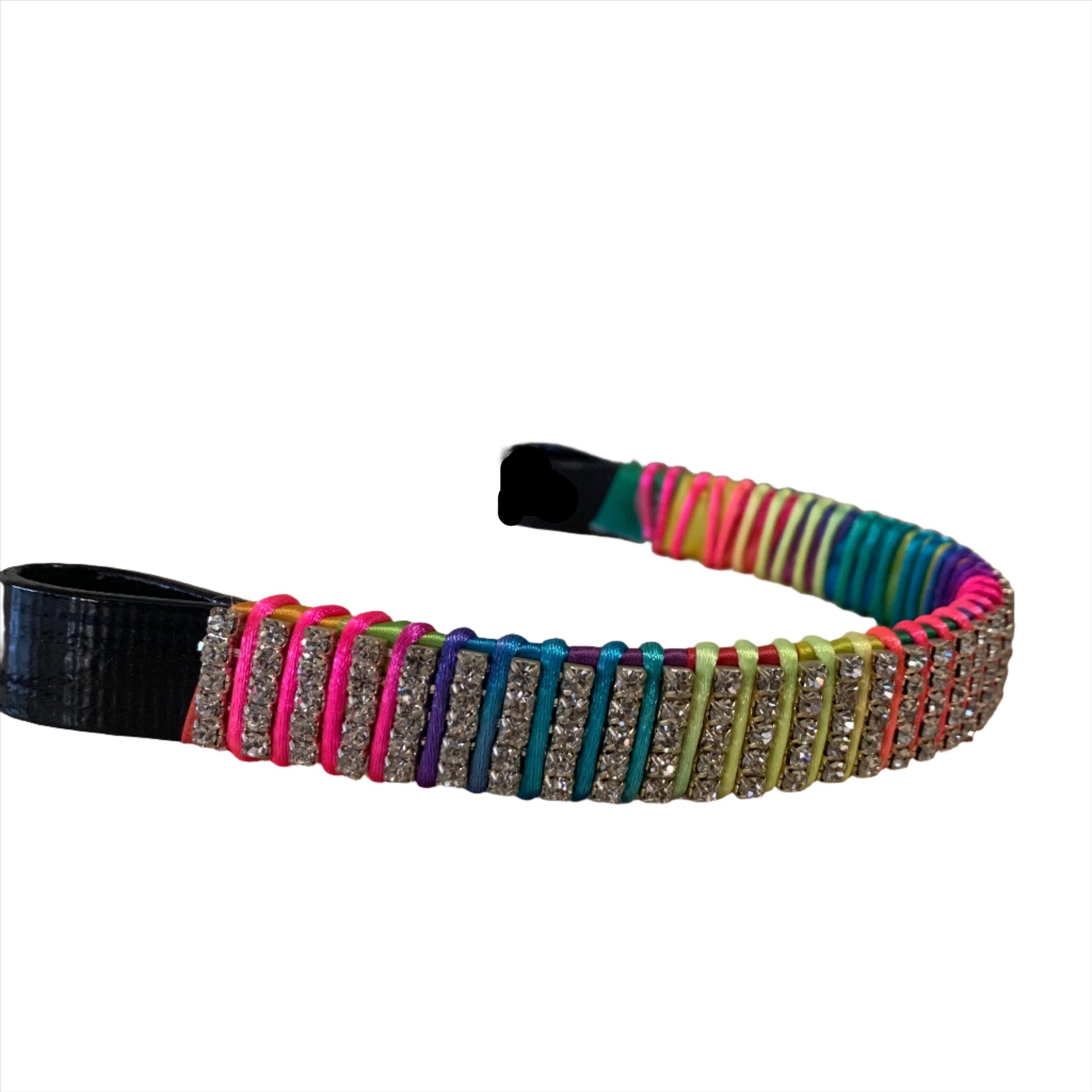 Equestrian browband with multi-colored crystals in a rainbow pattern