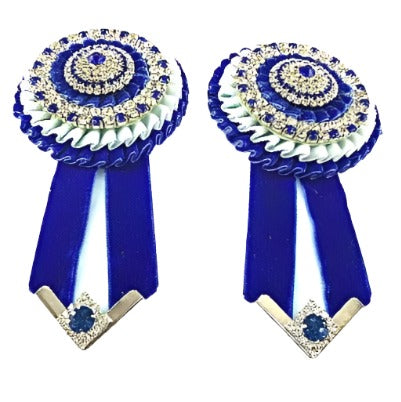 Versatile blue rosettes with customizable elements, suitable for enhancing the appearance of horse gear in equestrian settings