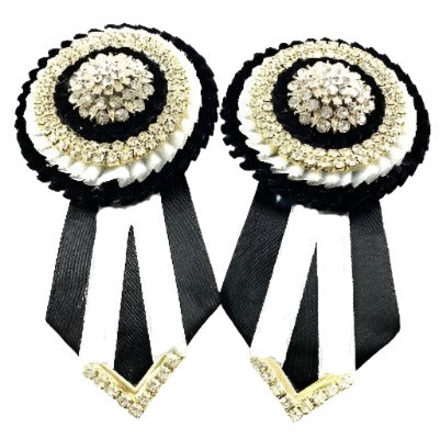 Contrast rosette attachments in black and white, designed to complement and elevate the look of equestrian accessories during competitions.