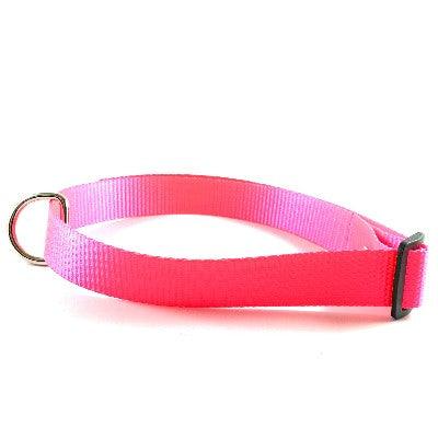 Lightweight webbing dog collar in calming pink, designed for active lifestyles and outdoor adventures, offering ease of use with an adjustable fit and durable construction, perfect for energetic pets
