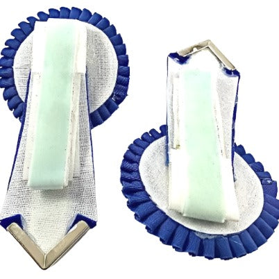 Blue rosette embellishments for horse tack, highlighting their decorative appeal and versatility in various equestrian disciplines.