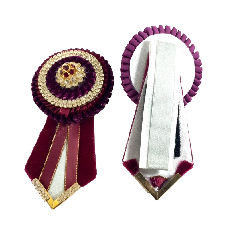 Versatile burgundy rosettes with customizable elements, suitable for enhancing the appearance of horse gear in equestrian settings